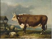James Ward Hereford Bull with Sheep by a Haystack painting